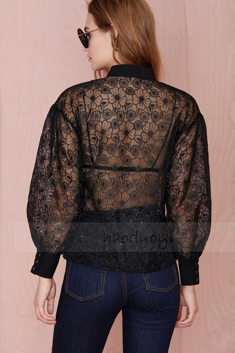 Black Long Sleeved Sexy Girl Lace New Blouse -Dark Night